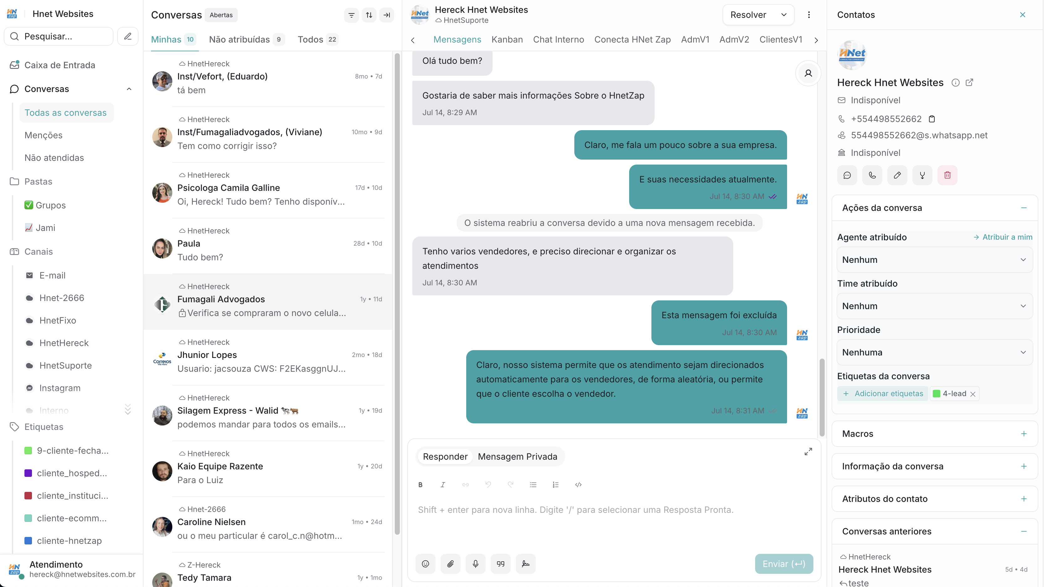 Tela do sistema HnetZap mostrando interface de atendimento e agendamento